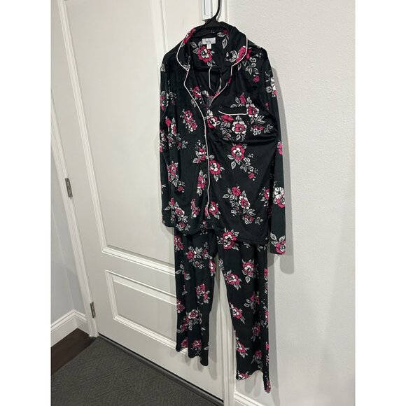 Nicole Miller New York Floral Pajama Set Long Sleeve Top Pants Black Pink Sz M - Picture 6 of 13